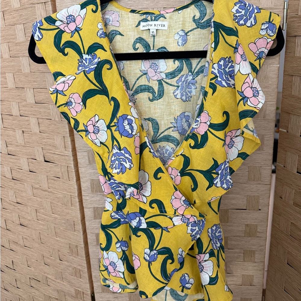 Moon River Yellow Floral Ruffle Blouse